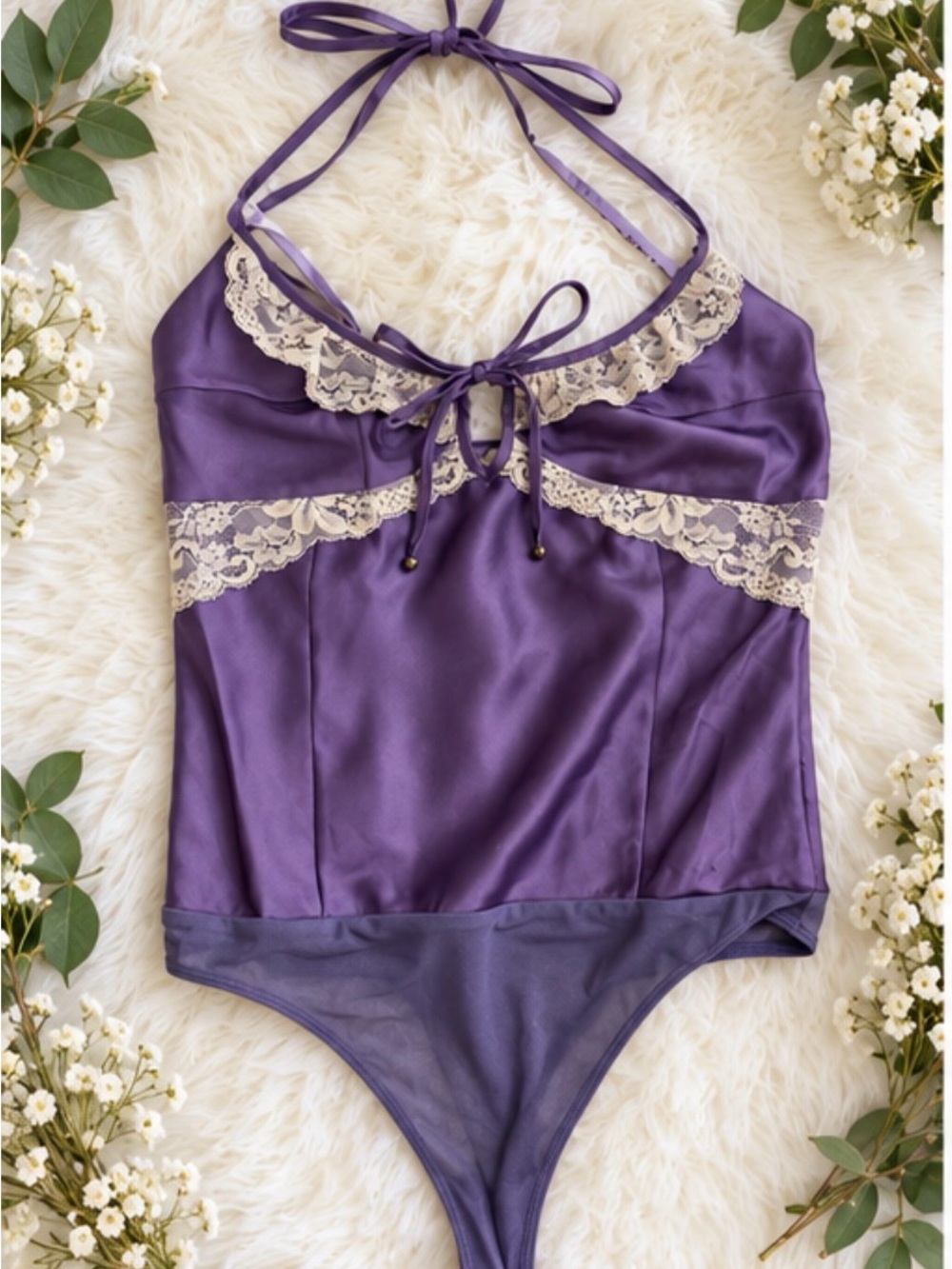 Free People Purple Satin Lace Halter Bodysuit – NWOT